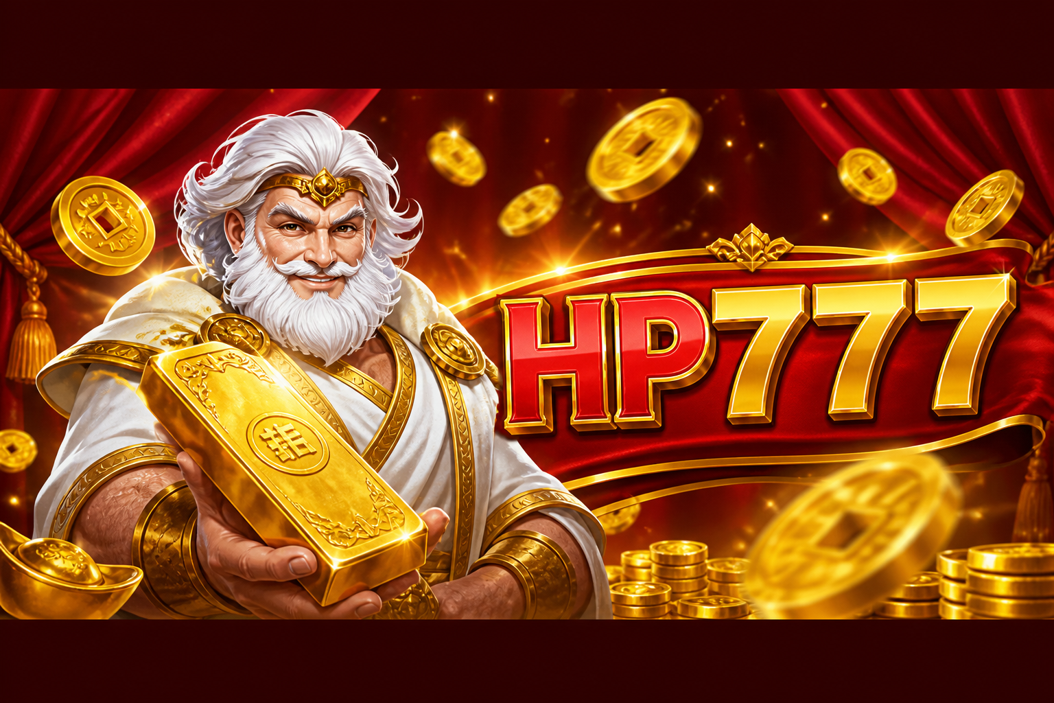 HP777: raja berjubah putih memegang batangan emas.