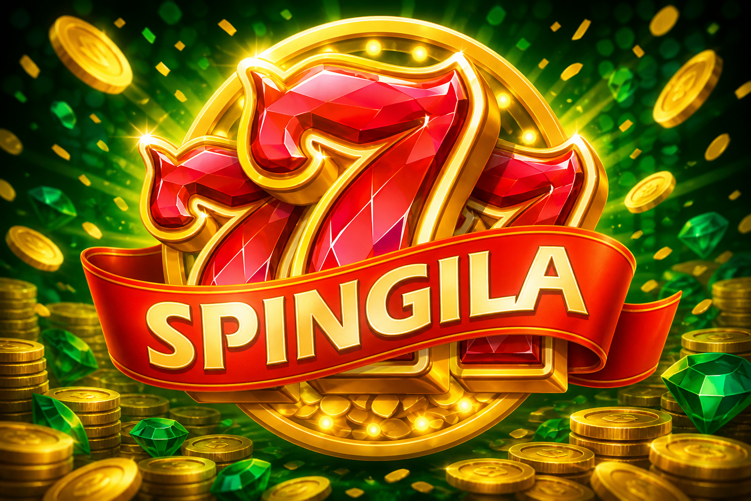SPINGILA: angka 7 merah, pita SPINGILA, koin hijau.